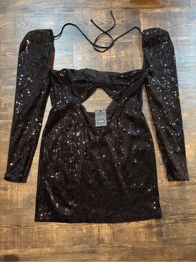 Sequin Cutout Long-Sleeve Black Mini Dress